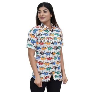 iinfinize Cotton Regular Fit Casual Shirt for Women Spread Collar Latest Western Shirt Short Sleeve Elephant Printed Shirt