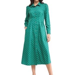 FableStreet Women's Button Down Shirt Dress - Green and Ecru