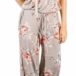 RichCoco Women's Floral Printed Jumpsuit Casual O Neck Loose Long Wide Legs Pants Jumpsuit Rompers with Pockets