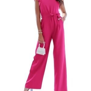BTFBM Women Jumpsuits Crew Neck Ruffle Cap Sleeve Belted High Waist Wide Leg Romper with Pockets One Piece Casual Outfits, Solid Rose Red, Small