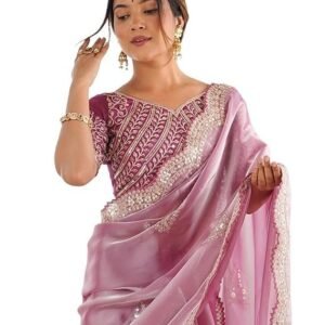 SIRIL Women’s Organza Sequence Embroidery Scollped Border Saree With Unstitched Blouse Piece