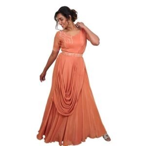 Avy's Label Cotton Crepe Jumpsuit Premium Rust Orange Crepe Jumpsuit with Pre Draped Georgette Dupatta and Maggam Work Belt_ (Rust Orange, 36)