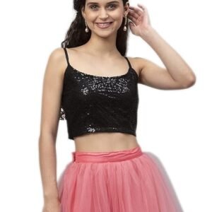 studio rasa Women's Girls Net Sequins Embroidered Spaghetti Crop Top for Wedding Party Festive