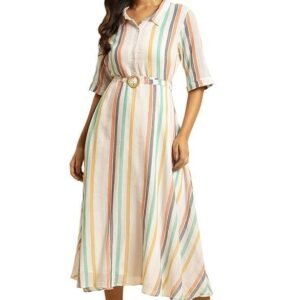 W for Woman Women's Flared Below The Knee Dress with Belt Stripe Print