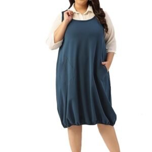 theRebelinme Plus Size Women's 5005DCINKBLUE Solid Color Shirt Collar Balloon Dress