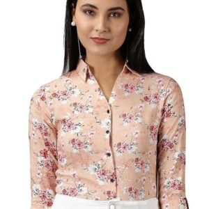 SHOWOFF Women's Spread Collar Printed Three-Quarter Sleeves Peach Shirt