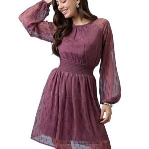 Globus Women Bishop Sleeves Self Design Georgette Sheen Smocked Mini Fit & Flare Party Dress