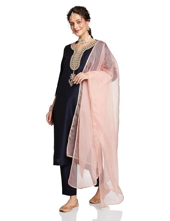 Amazon Brand - Myx Women's Embroidered Kurta Set with Organza Dupatta | Available in Plus Sizes