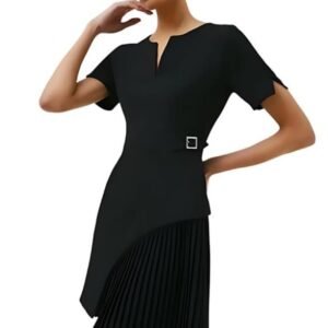 POSE Black Side Pleat Dress for Women | V-Neck Design, Side Pleated Detail, Comfort Fit | Lightweight, Material | Elegant Formal Wear for Women – Ideal for Office & Professional Use