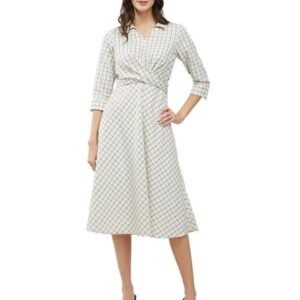 FableStreet Cotton Checkered Wrap Dress - Off White and Black