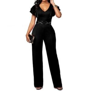 PDBQ Women's V-Neck Jumpsuit High Waist Short Sleeve Ruffled Loose Long Wide Leg Pants