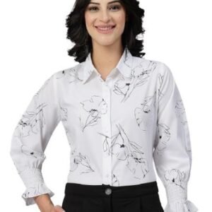 Style Quotient Women White and Black Floral Printed Polycrepe Regular Smart Casual Shirt