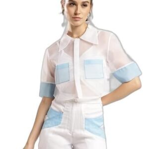 ELEGANTTI Women's Fashion Western Crystal Elegance Sheer Organza Short Shirt || Crop Top || Regular Fit V-Neck Sleeveless Top for Women Stylish Latest | Office Wear Tops for Women