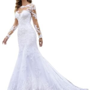 Fanciest Women's Lace Chiffon Beach Wedding Dresses for Bride 2023 with Sleeves Long Bridal Gown