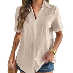 Zeagoo Women Linen Button Down Shirt Rolled Cuffed Short Sleeve Blouse Ladies Summer Casual V Neck Beach Cotton Tops