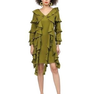 LELA Olive Cotton Dress with Frill Sleeves & tie Belt