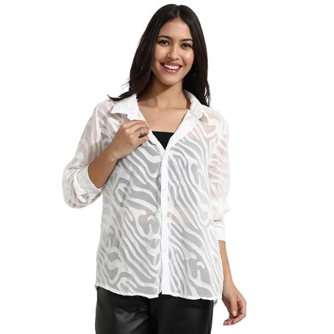 Campus Sutra Women's Off-White Contrast Geometric Shirt for Casual Wear | Spread Collar | Long Sleeves | Button Closure | Shirt Crafted with Comfort Fit for Everyday Wear