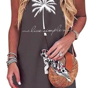 Sun Salt Sand Coconut Tree Sleeveless Mini Dress Casual Sleeveless Summer Beach Vacation Women Workout Mini Dress, Dark Grey-02, X-Large