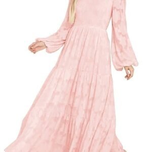 MITILLY Women's Elegant Floral Long Sleeve Round Neck Smocked A-Line Flowy Tiered Maxi Dress with Pockets