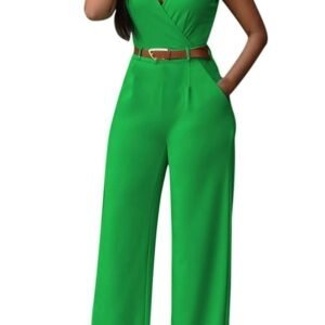 Pink Queen Women's Sleeveless V Neck Long Loose Belted Jumpsuits Rompers