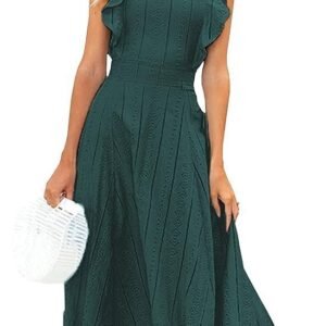 ECOWISH Womens Dresses Elegant Wedding Cocktail Ruffle Cap Sleeves Summer A-Line Midi Dress, Blackish Green, Medium