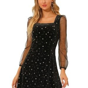 Allegra K Women's Mesh Sheer Puff Long Sleeve Square Neck Glitter Star Mini Velvet Dress