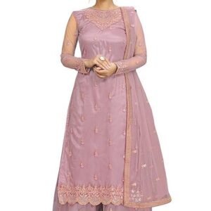 TRENDMALLS Women's Net Embroidery Salwar Suit Kurta Sharara Set with Dupatta Skyblue