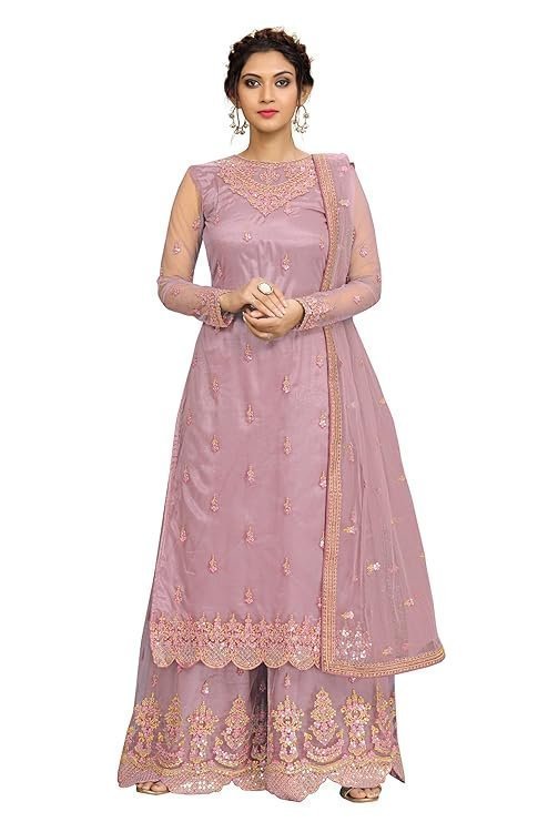 TRENDMALLS Women's Net Embroidery Salwar Suit Kurta Sharara Set with Dupatta Skyblue