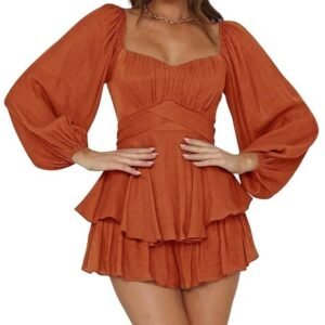 Ahtyeo Women's Casual Off Shoulder Romper Double Layer Ruffle Hem Waist Tie Short Jumpsuits Long Baggy Sleeves Mini Dress, A Brown, Small