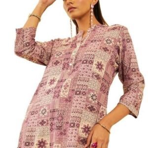 Soch Womens Rayon Ethnic Motif Foil Printed Mandarin Collar Tunic