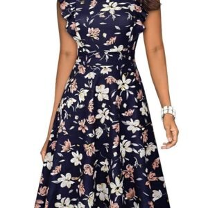 YATHON Women's Vintage Ruffle Floral Flared A Line Swing Casual Cocktail Party Dresses