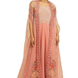 W for Woman Wishful Pink Festive Solid Print Organza Cape & Dress