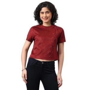 Latin Quarters Women Maroon Short Sleeve Solid Casual Top