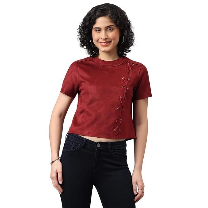 Latin Quarters Women Maroon Short Sleeve Solid Casual Top