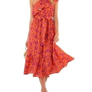 BTFBM Women's One Shoulder Maxi Dress Sleeveless Casual Summer Layered Ruffle Boho Floral Print Party Beach A-line Dresses