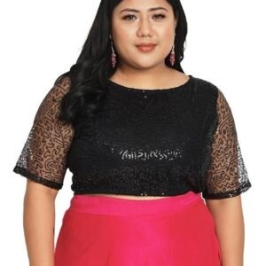 studio rasa Women's Plus Size Net Sequin Embroidered Sheer Sleeves Crop Top for Wedding Festive Party