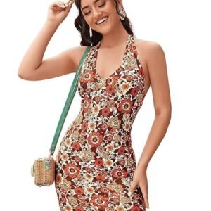 Floerns Women's Sleeveless Halter Backless Tie Back Floral Bodycon Mini Dress