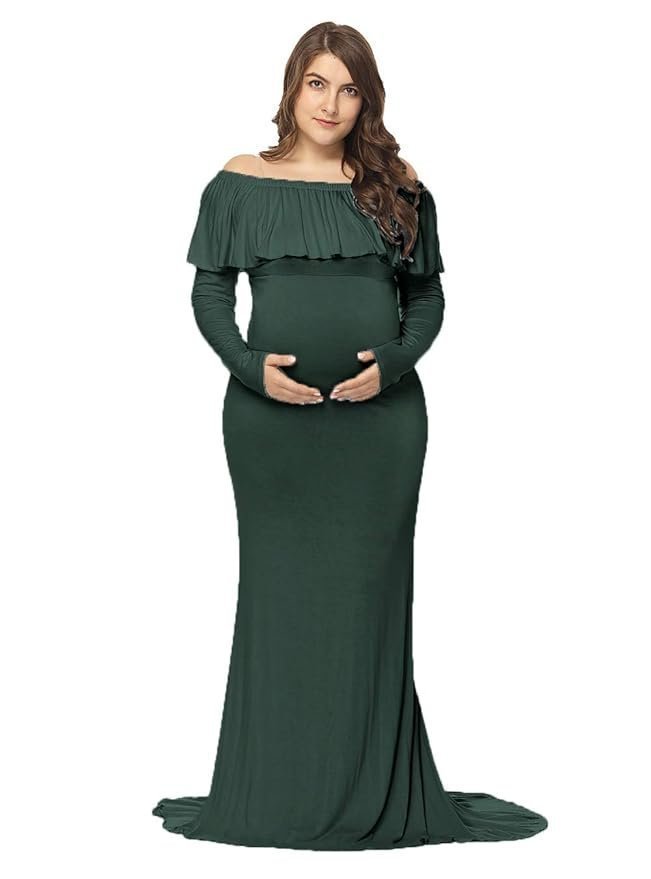 JustVH Women's Floor Length Maternity Gown (Hunter Green_XL)