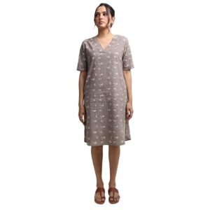 REEPEAT PRAGATI Women's Oak Brown Hand Block Printed V Neck Dress - Timeless Craftsmanship and Style Combined