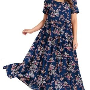 YESNO Women Casual Loose Long Maxi Bohemian Floral Dress Layered Lightweight Summer Beach Short Sleeve Swing Dress/Pockets EJF