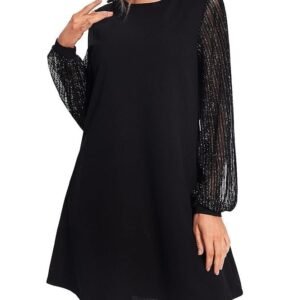 SweatyRocks Women's Elegant Mesh Contrast Long Sleeve A Line Mini Short Dress, Silver Line Black, Medium