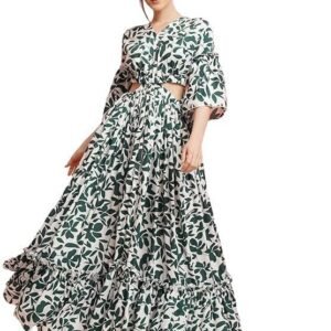 UK URBAN KOMFORT Women Stylish Cutwork Printed Design Puff Sleeve One Piece Layered Long Dress