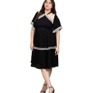 DEEBACO Solid Smocked Rayon Women's Plus Size Tiered Dress|Halter Neck Short Bell Sleeves|Summer Western Party Casual Wear Stylish Dress Collection for Ladies