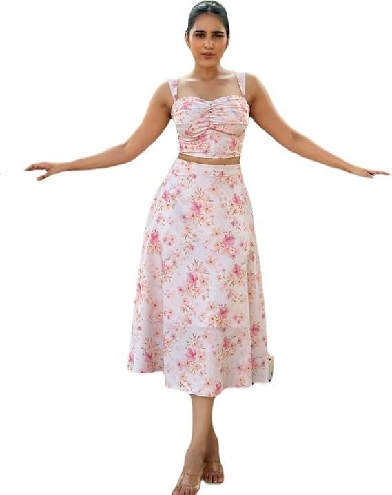 MYCLO Elsa Floral Print Co-Ord Set for Women | Premium Crushed Fabric | Soft Two-Piece Outfit in Pastel Shades for Everyday Wear