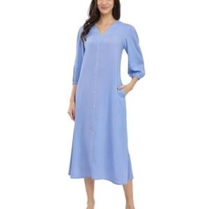 Pink Fort Rayon Solid Buttoned Maxi Dress - Blue