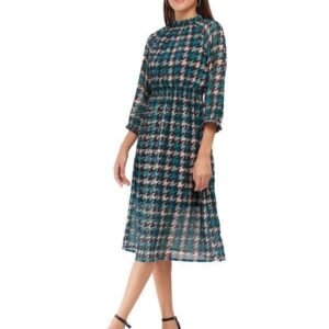 FableStreet Houndstooth A-line Dress - Teal