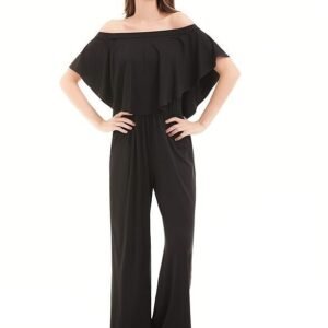 Women's Ruffled Off Shoulder High Waist Solid Color Wide Leg Pant Jumpsuit