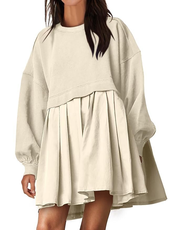 ANRABESS Women Sweatshirts Dress Oversized Long Sleeve Patchwork Casual Loose Pleated Pullover Mini Dress Fall Outfits 2024