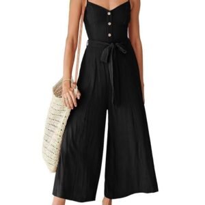 ANRABESS Women's Summer Spaghetti Straps V Neck Smocked Wide Leg Jumpsuits Rompers With Belt