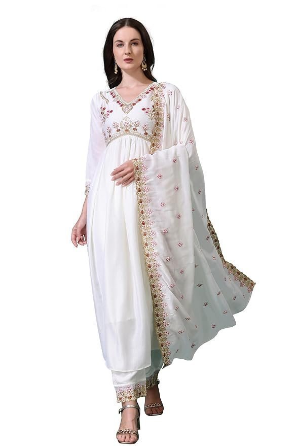 Pratham Blue Women's Silk Embroidered Anarkali Kurta Palazzos with Dupatta |kurta sets for women |Women Kurta | Women Embroidered Kurta Sets Kurtis |Women Kurta Pant Set